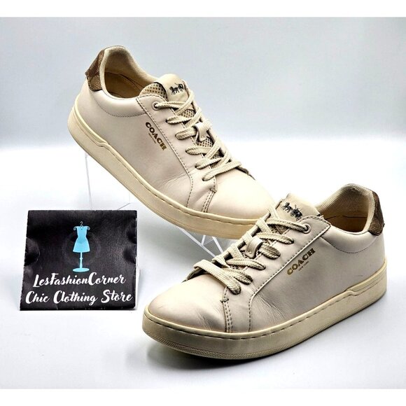Coach Women's Beige Brown Logo Leather Clip  Low-Top Sneakers Size 7.5B 2390 - Picture 11 of 16